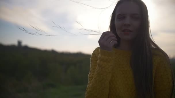 Портрет молодой женщины с длинными волосами на поле на закате — стоковое видео