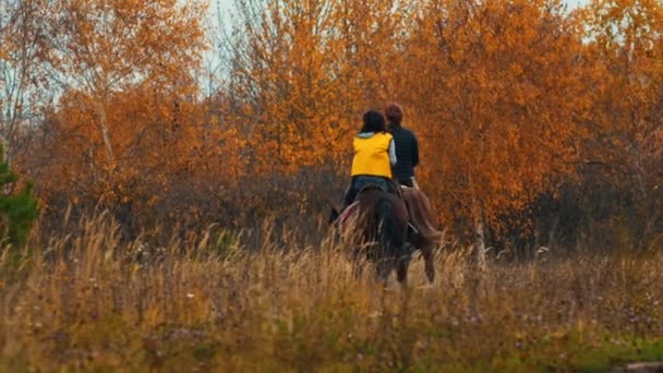 Deux femmes à cheval dans la nature automnale — Video