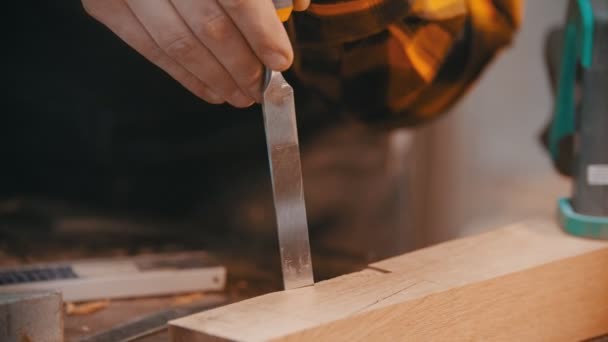 Tesařství - muž dřevorubec vyřezává výklenek na dřevěném bloku dlátem — Stock video