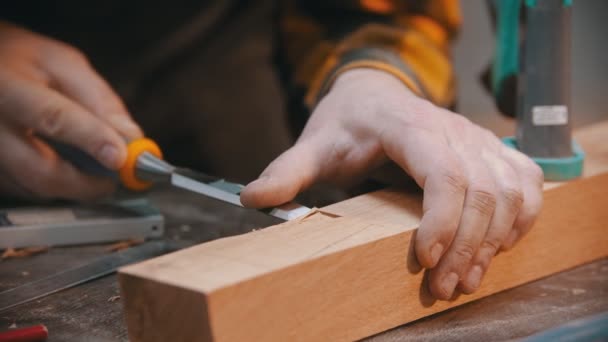 Carpintería: un carpintero que corta el hueco del bloque de madera con un cincel — Vídeo de stock