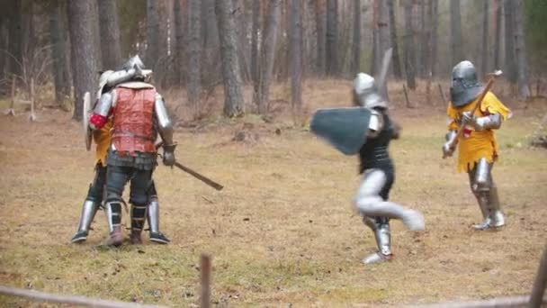 Четверо рыцарей сражаются на поле боя - двое побеждают соперников — стоковое видео