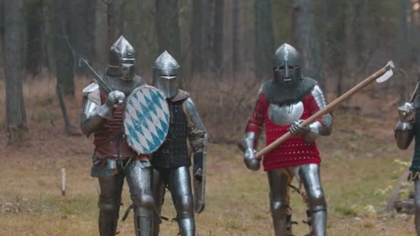 Vier Männer Ritter zu Fuß in der Reihe im Wald in voller Rüstung mit verschiedenen Waffen — Stockvideo