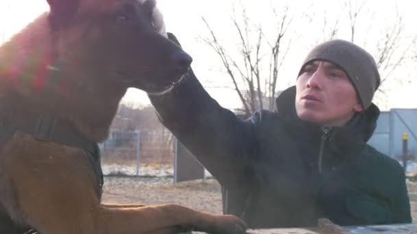 Un allenatore sorridente accarezzare il suo cane pastore tedesco carino — Video Stock