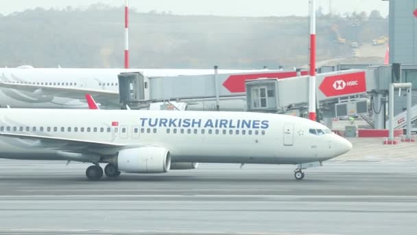 23-11-2019 PAESI BASSI, AMSTERDAM: - Aereo di Turkish Airlines sulla pista — Video Stock