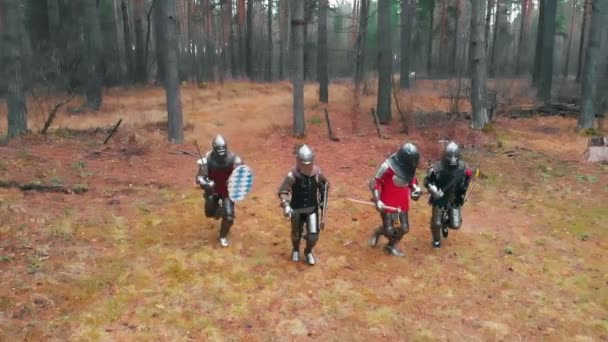 Τέσσερις άνδρες Knighttes τρέχει στη σειρά στο δάσος σε πλήρη θωράκιση κρατώντας σπαθιά - την ημέρα — Αρχείο Βίντεο