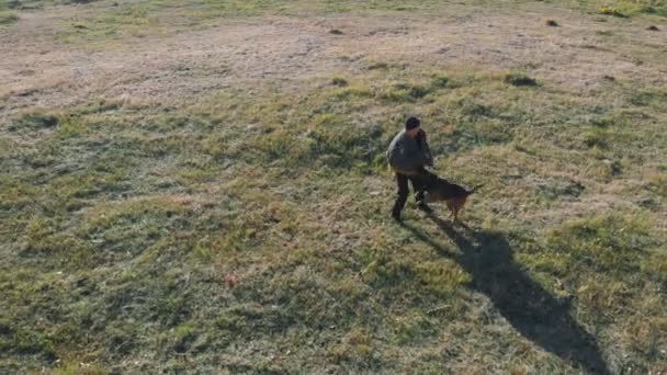 En tränad hund spände fast tänderna på tränararmen och de snurrar runt på fältet — Stockvideo