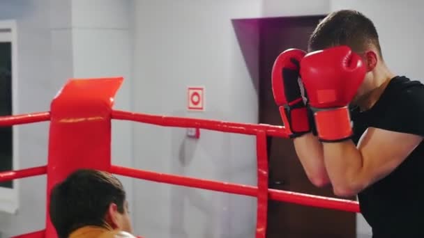 Boxeo - dos hombres que tienen una pelea de entrenamiento en el gimnasio — Vídeos de Stock