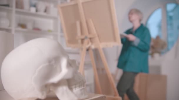 A young blonde woman artist drawing a skull and other figures from the table — 비디오