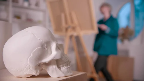 A young woman artist in the art studio drawing a skull — 스톡 사진