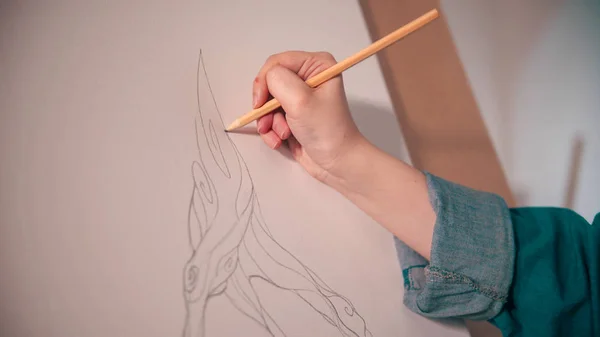 一位年轻女子用铅笔在画布上画了一棵抽象的树 — 图库照片