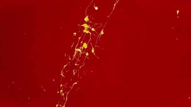 Salpicos de tinta de cor amarela brilhante na parede vermelha — Vídeo de Stock