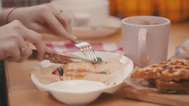 Woman is cutting a slice of cheesecake with berries and syrup — 비디오