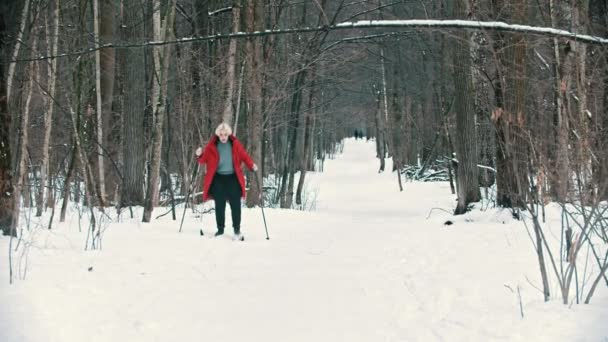 Eine junge blonde Frau in roter Daunenjacke auf Skiern im Wald unterwegs - kurz vor dem Sturz — Stockvideo