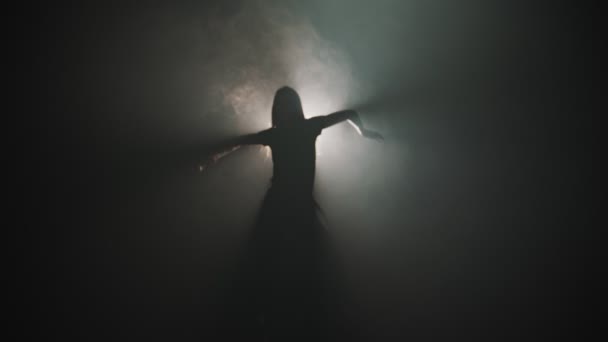 Une silhouette de jeune femme séduisante dansant sur fond de lumière vive — Video