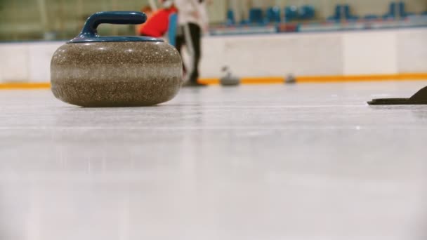 Curling - a granite stone on the ice field — Stok video