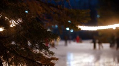 İnsanlar dışarıda noel zamanı halka açık buz pateni pistinde kayıyorlar.
