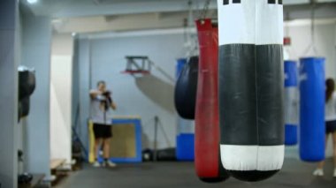 Spor salonunda yan yana asılı duran bir kum torbası. Adam ellerini bandajla bandajlıyor.