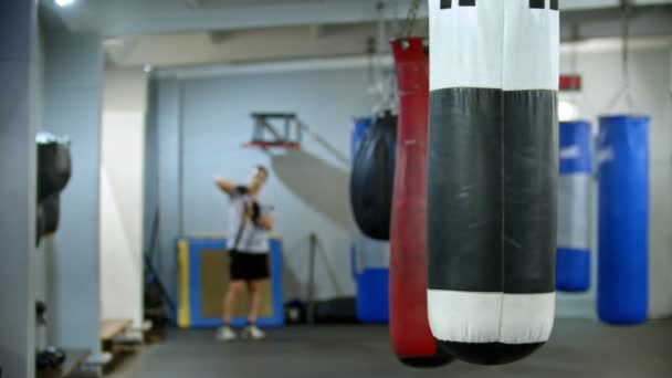 Spor salonunda asılı duran bir kum torbası. Adam ellerini bandajlıyor. — Stok video