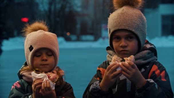 En liten flicka och pojke äter munkar utomhus — Stockvideo
