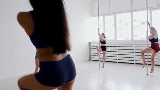 Jovens mulheres que treinam pole dancing no estúdio brilhante - escalando no pólo — Vídeo de Stock