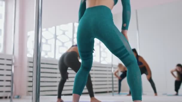 鏡の前のスタジオで若い女性のトレーニング-背中を暖める — ストック動画