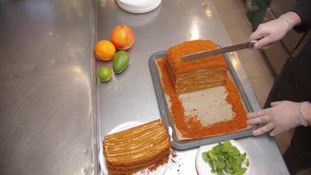 Chef cutting a big piece out of honey cake using a sharp knife - fruits on the table — Stockvideo