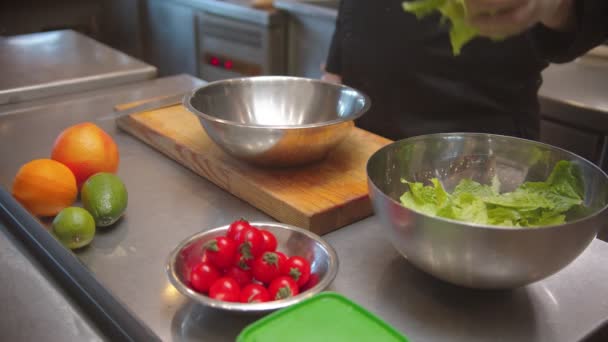 Chef cooking salad on restaurant kitchen — Stockvideo