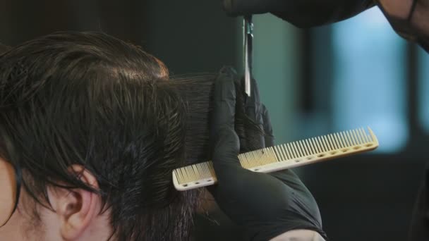 Barbiere in guanti taglio clienti capelli bagnati sul retro della testa con un diradamento forbici — Video Stock