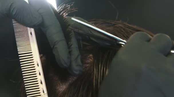 Hombre peluquero en guantes cortando clientes cabello mojado en la parte posterior de la cabeza con una tijera — Vídeo de stock