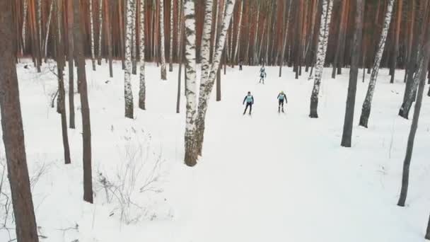 RUSSIA, KAZAN 08-02-2020: Skiing competition - people skiing in the forest — 图库视频影像