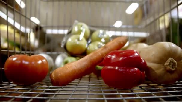 Carrinho de compras - escolher itens na loja - comprar legumes e frutas — Vídeo de Stock