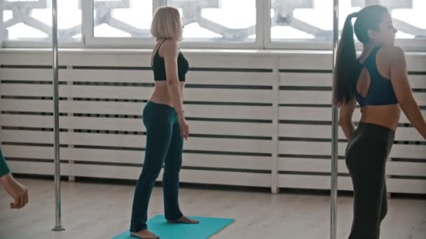 Sportive women warming up their shoulders in the studio — 비디오