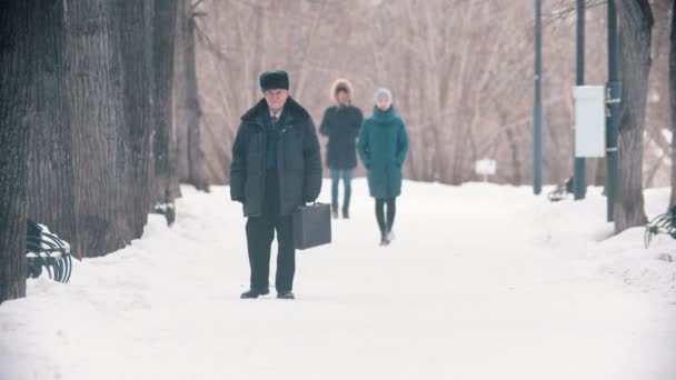 An elderly man with bag walking in the snowy park — Wideo stockowe