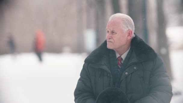 A lonely elderly man standing in the snowy park — Stock video