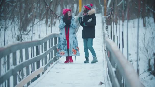 Две женщины ходят по снежному мосту в лесу и пьют горячие напитки из термоса — стоковое видео