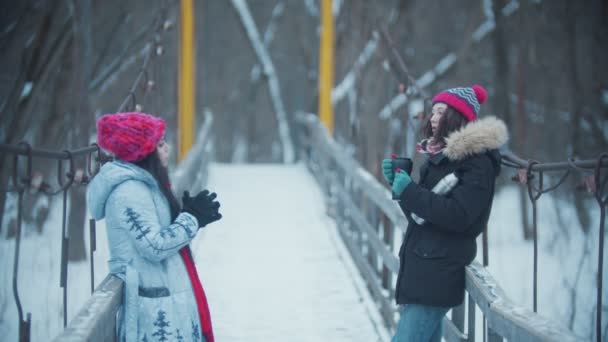 Dvě mladé ženy stojící a mluvící na zasněženém mostě - popíjejí horké nápoje z termosky — Stock video