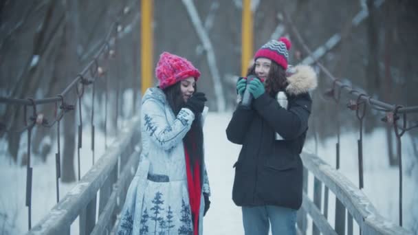 Duas jovens amigas de pé na ponte nevada e bebendo bebidas quentes da garrafa térmica — Vídeo de Stock