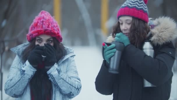 Две юные красавицы-подружки идут по снежному мосту и пьют горячие напитки из термоса. — стоковое видео