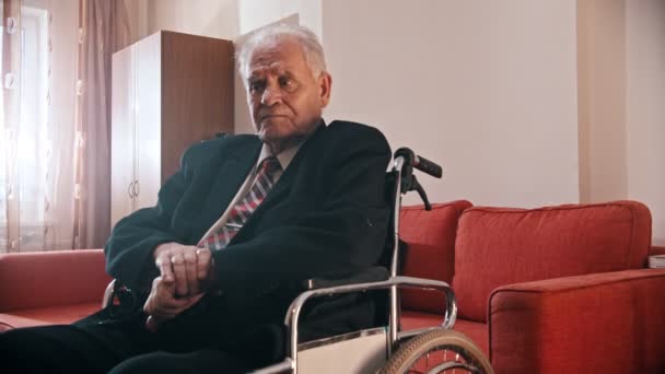 Elderly grandfather - grandfather is sitting in a wheelchair and looking at the camera — Wideo stockowe