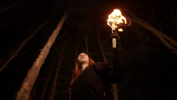 Jonge verloren vrouw die 's nachts in het enge winterbos staat met een handgemaakte fakkel — Stockvideo