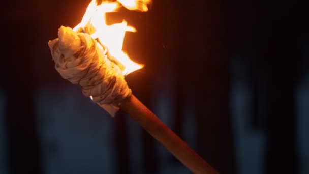 막대 위에서 손으로 만든 횃불 - 천을 태우는 모습 — 비디오