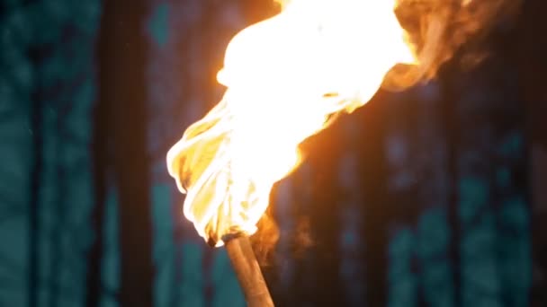 Факел ручної роботи - шматок тканини, що горить на паличці - махає факелом — стокове відео