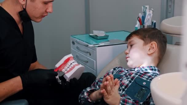 Un niño pequeño que tiene un tratamiento en la odontología - hablando de la higiene y el cepillado de dientes — Vídeo de stock