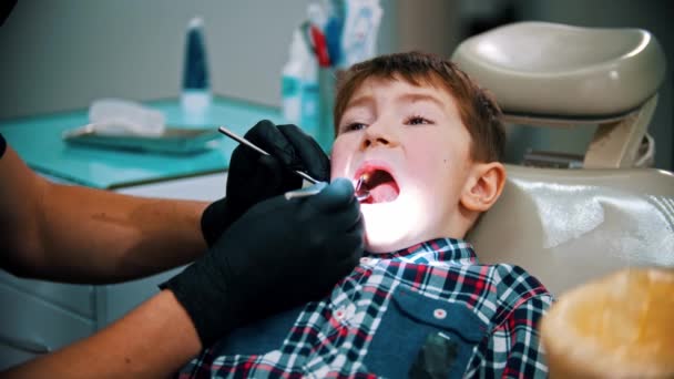 A little stressful boy with damaged baby teeth having a treatment in modern dentistry - examination of the oral cavity — Stock Video