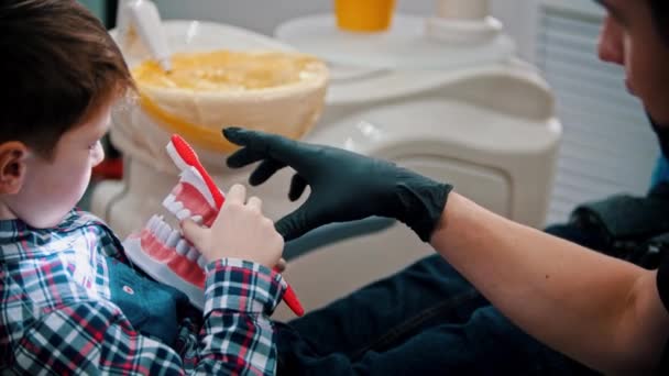 Een kleine jongen met een behandeling in de tandheelkunde - het kind poetsen tanden op de plastic menselijke kaak model — Stockvideo