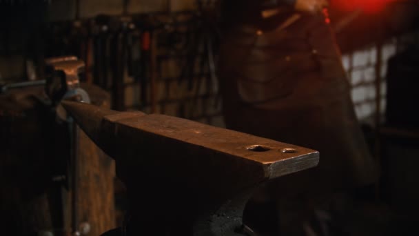 Industria de la forja - un herrero hombre poniendo sus instrumentos en el yunque y posando para la cámara — Vídeos de Stock