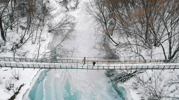 Two women standing on the snowy bridge in the winter forest — Stockfoto