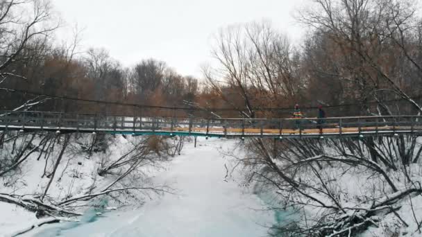 Due amiche colorate che camminano sul ponte innevato — Video Stock