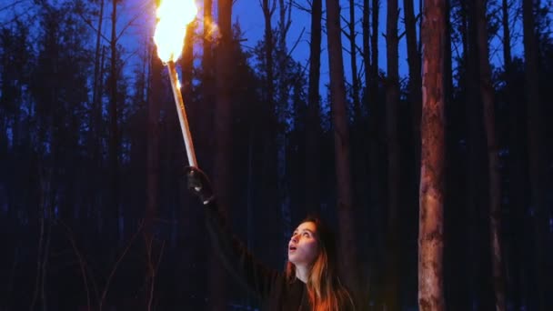 Una donna sopra la testa che ondeggia con la torcia in piedi nella foresta invernale — Video Stock