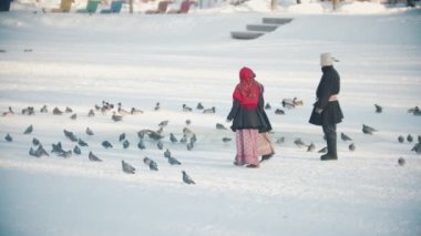 Rus gelenekleri. Güzel elbiseli insanlar donmuş gölette güvercin kovalıyor.